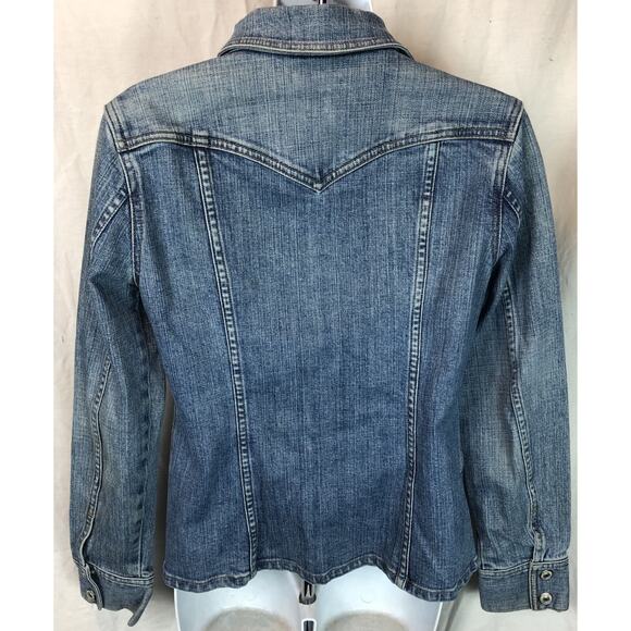Gap Blue Jean Jacket S Snap Front Pockets Stretch Denim Grunge Trucker Western - Picture 3 of 5